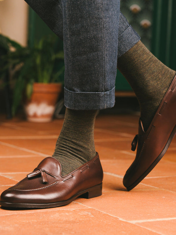 Pétrone chaussettes laine mérinos vert kaki homme