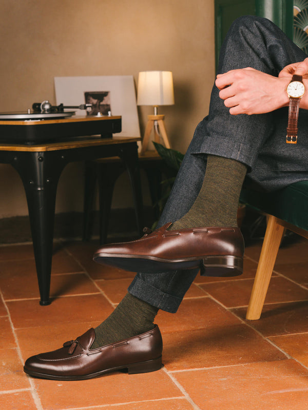 Pétrone chaussettes laine mérinos vert kaki homme