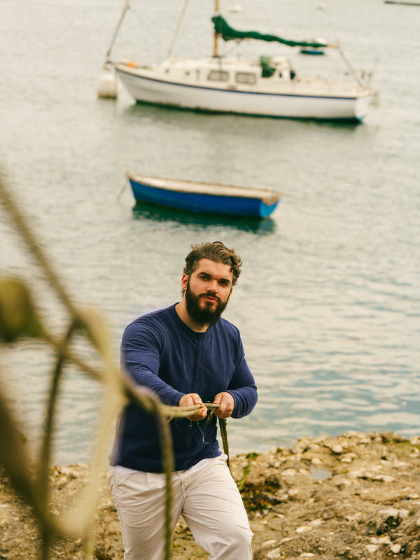 Pétrone Henley cormac manches longues coton bio bleu cobalt homme