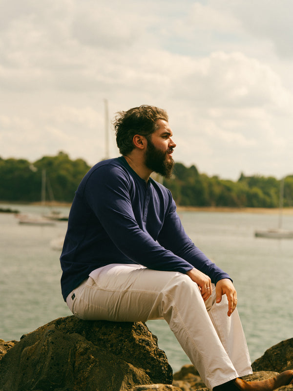 Pétrone Henley cormac manches longues coton bio bleu cobalt homme