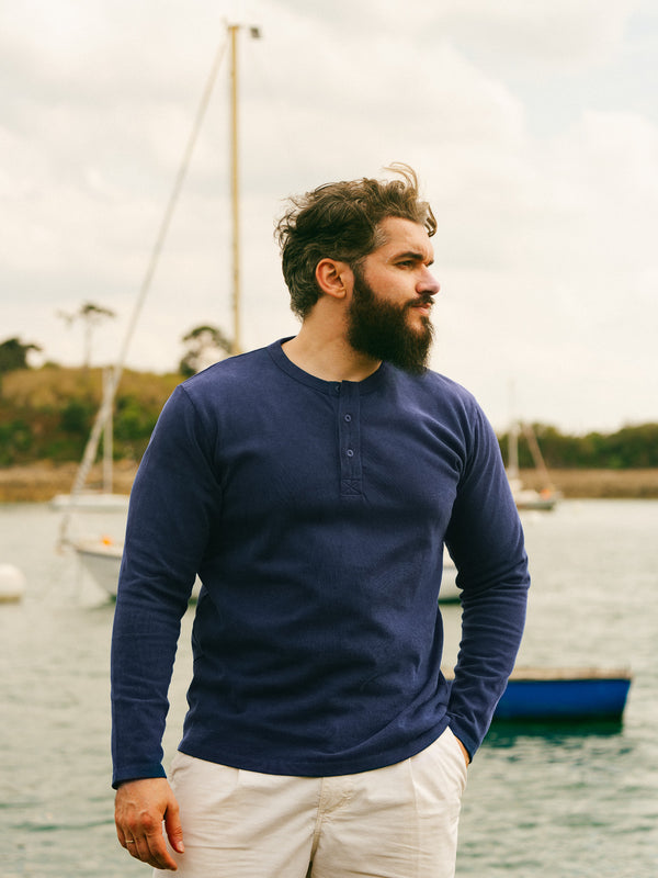 Pétrone Henley cormac manches longues coton bio bleu cobalt homme