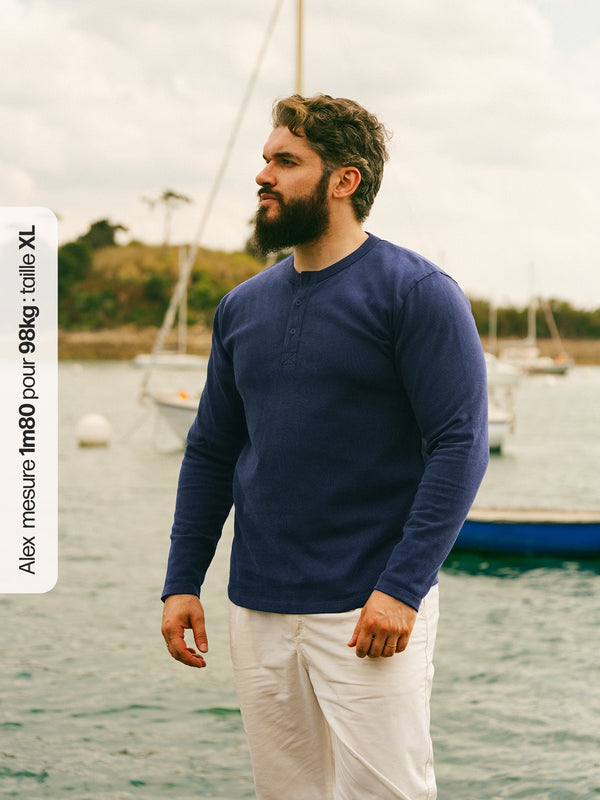Pétrone Henley cormac manches longues coton bio bleu cobalt homme