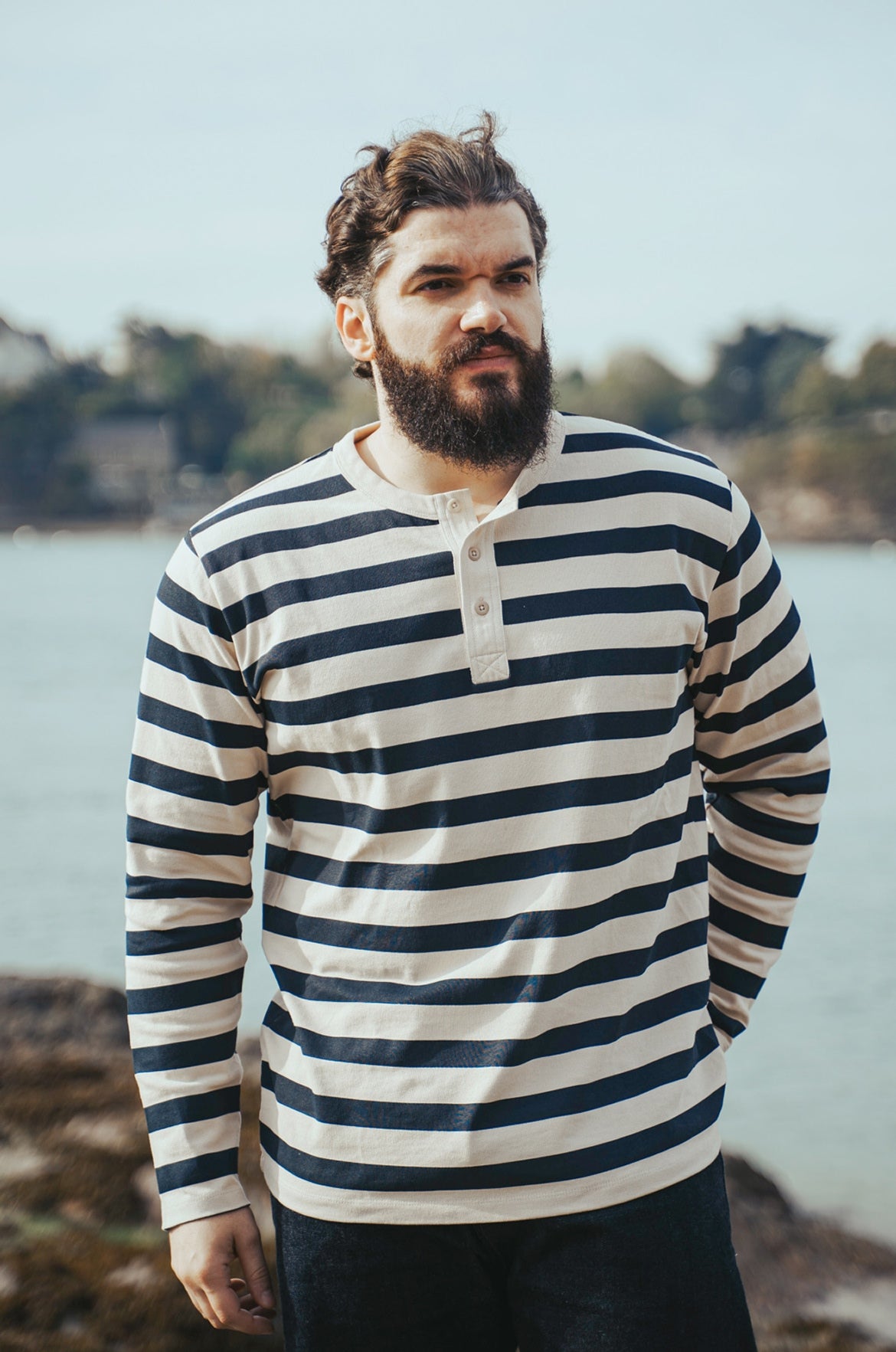 Pétrone Henley cormac manches longues coton bio marinière blanc homme
