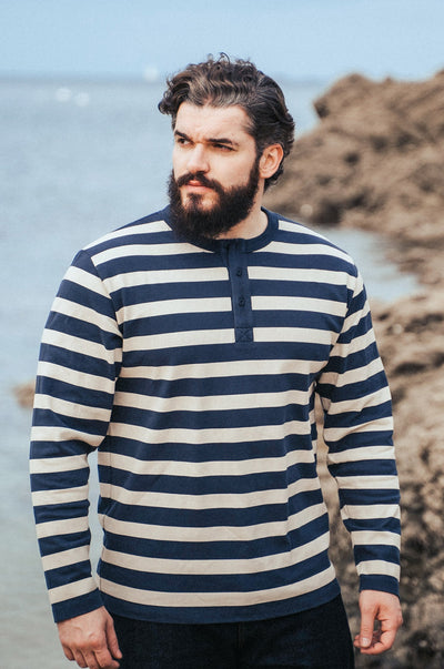 Pétrone Henley cormac manches longues coton bio marinière blanc crème homme
