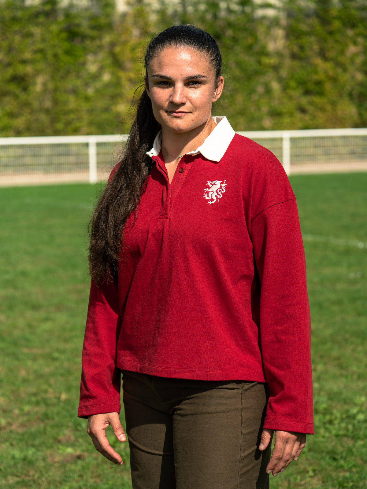 Pétrone RCA Polo manches longues héritage rugby coton bio rouge femme#couleur_rouge