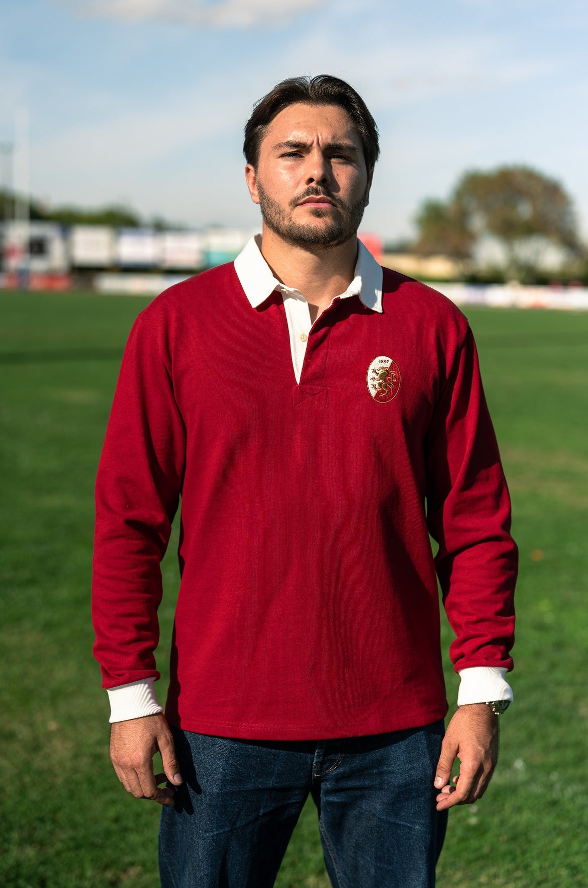Pétrone RCA Polo manches longues héritage rugby coton bio rouge homme 