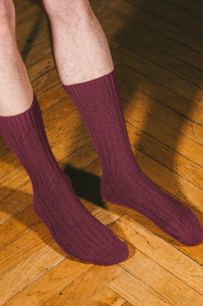 Pétrone chaussettes chaudes côtelées laine mérinos bordeaux foncé homme vignette